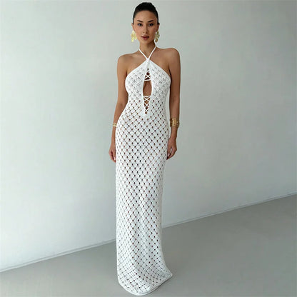 Women's Halter Neck Backless Lace-Up Long Slim Fit Knit Dress See-Through Crochet Beach Bikini Cover-Up Summer Swimwear