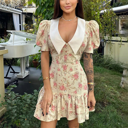 Puff Sleeve Mini Dress - Women's Summer Casual Vacation Dress With Pearl Buttons