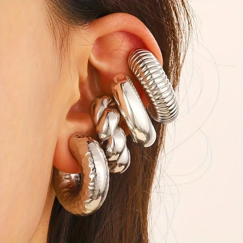 Acrylic Ear Clip - 4pcs C Shaped Round Gold Silver Clip Earrings for Women - ZOOMNSTORE