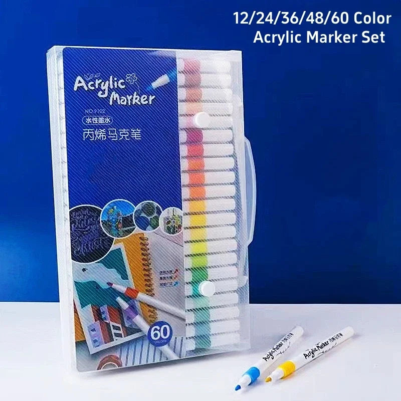 12-60 Colors Acrylic Markers Pen Set Paint Art Marker Soft Tip Pen for Children Stone Paint Ceramic Glass Wood Fabric Painting - ZOOMNSTORE