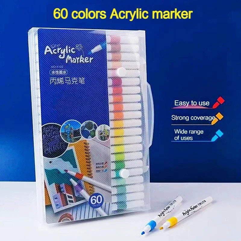 12-60 Colors Acrylic Markers Pen Set Paint Art Marker Soft Tip Pen for Children Stone Paint Ceramic Glass Wood Fabric Painting - ZOOMNSTORE