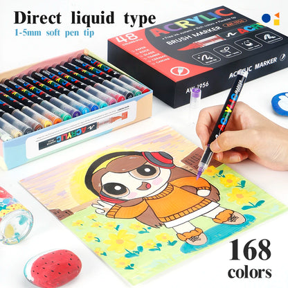 12-168 Colors Acrylic Paint Pen Marker Brush Tip Paint Marker For Rock Painting Wood Canvas Stone Christmas Gift DIY Craft - ZOOMNSTORE