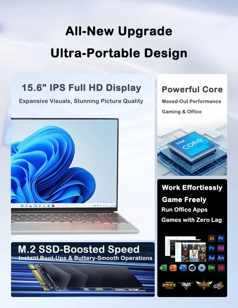 Ultra Slim Laptop 15.6 Inch i7 32GB RAM 2TB SSD Windows 11 Pro - Backlit Keyboard