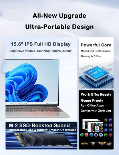Ultra Slim Laptop 15.6 Inch i7 32GB RAM 2TB SSD Windows 11 Pro - Backlit Keyboard