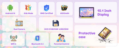 BUFO Kids Tablet 10.1 Inch Five Core Processor 24GB(3+21) RAM 64GB ROM Android 16 IPS HD Display 6000mAh Battery Parental Control Dual Camera TF 1TB Expand WiFi Children Learning Gaming Tablet Only Tablet