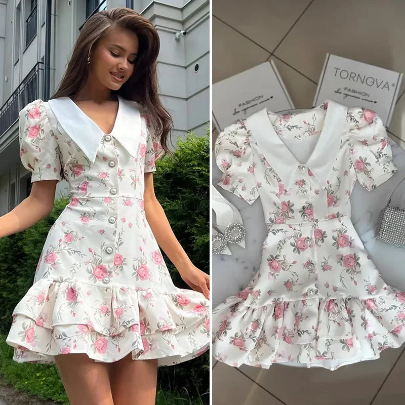 Puff Sleeve Mini Dress - Women's Summer Casual Vacation Dress With Pearl Buttons