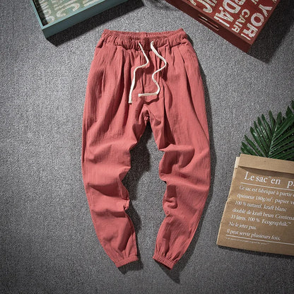 Cotton Linen Harem Pants Men Solid Elastic Waist Streetwear Joggers 2022 New Baggy Drop-crotch Pants Casual Trousers Men Running