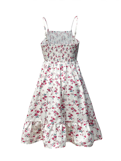 Women's Floral Print Shirred Spaghetti Strap Dress - Summer Boho Ruffle Sundress Casual Beach Maxi Dress