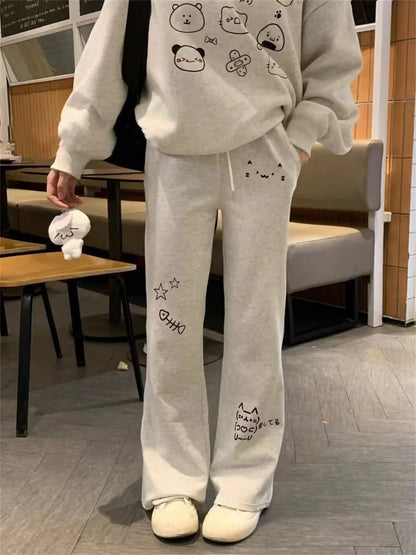 Japanese Wide Leg Cargo Pants Women Cartoon Print Preppy Style Pantalones Mujer Y2k Aesthetic Grunge Pocket Joggers Sweatpants