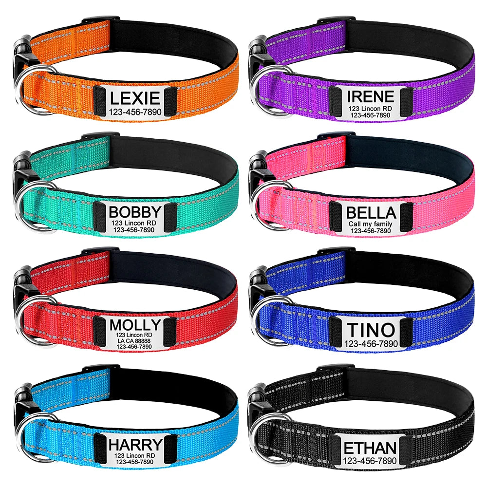 Personalized Adjustable Reflective Dog Collar with Engraved ID Tag - Luminous Nylon Design - ZOOMNSTORE