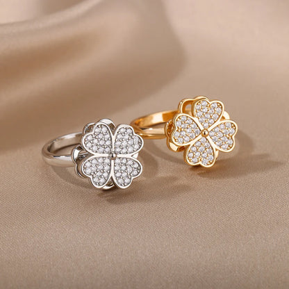 Four Clover Rotating Anxiety Rings for Women Gold Color Adjustable Stainless Steel Wedding Ring Aesthetic Jewelry Gift anillos - ZOOMNSTORE