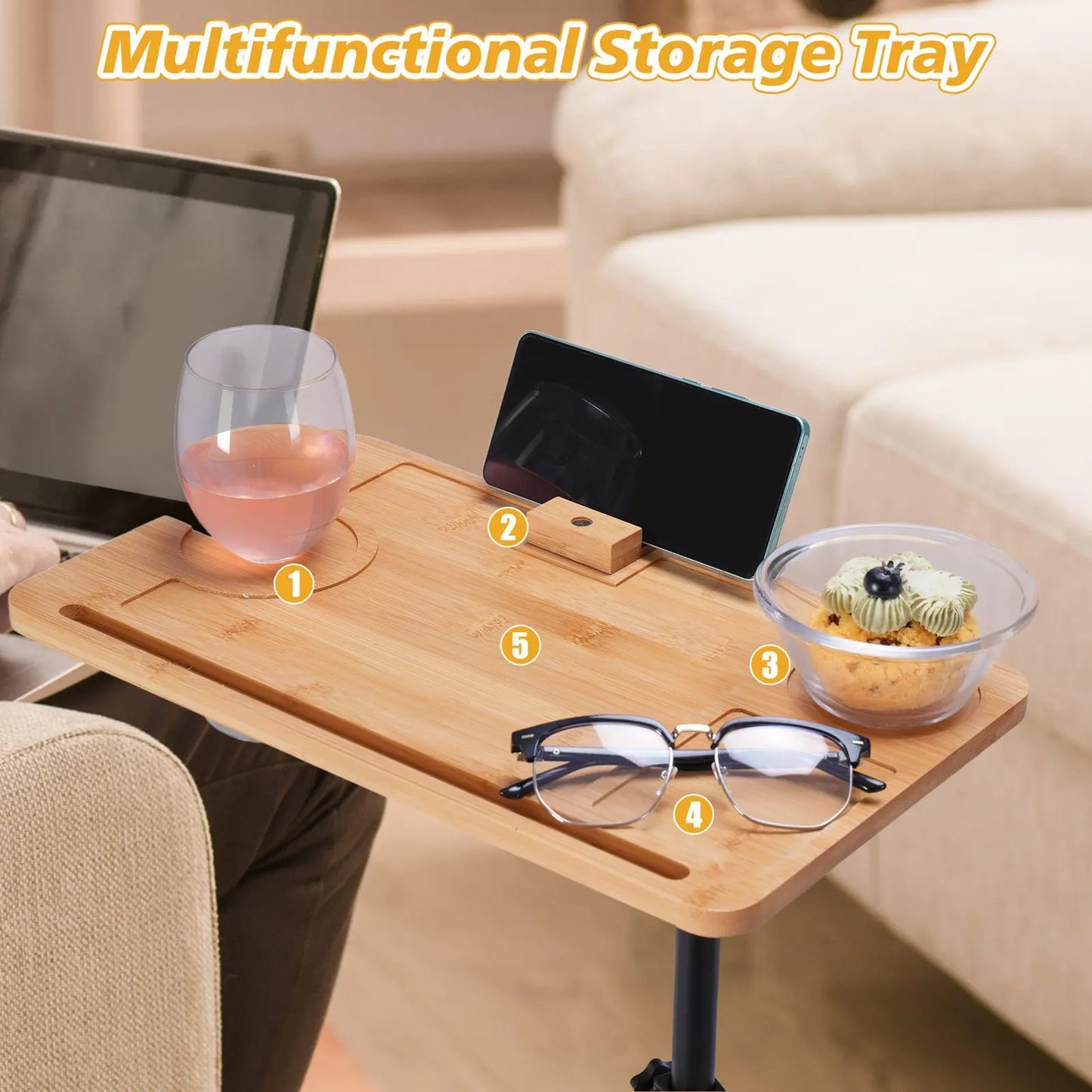 Adjustable Height Sofa Side Table  Bath Tray - Multi-Purpose Lightweight Furniture for Living Room  Bathroom - ZOOMNSTORE