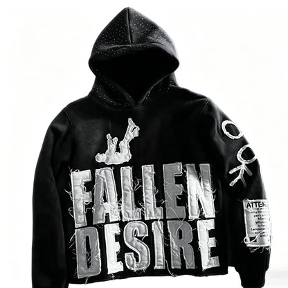 Streetwear style distressed hoodie with frayed edges and a "FALLEN DESIRE" lettering patch. Available in multiple colors. Perfect for unisex casual everyday wear.