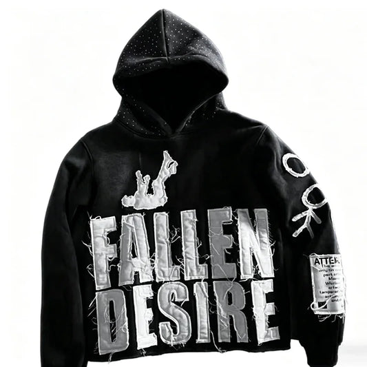 Streetwear style distressed hoodie with frayed edges and a "FALLEN DESIRE" lettering patch. Available in multiple colors. Perfect for unisex casual everyday wear.