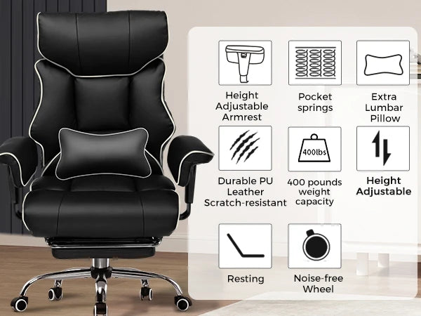 Big And Tall Office Chair | Executive Leather Chair With Lumbar Support & Pocket Spring Cushion