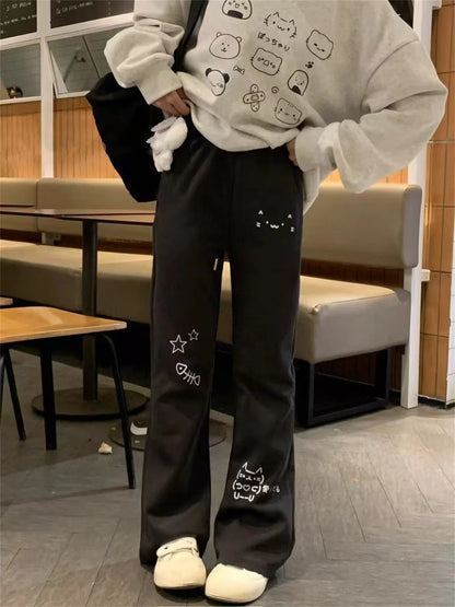 Japanese Wide Leg Cargo Pants Women Cartoon Print Preppy Style Pantalones Mujer Y2k Aesthetic Grunge Pocket Joggers Sweatpants