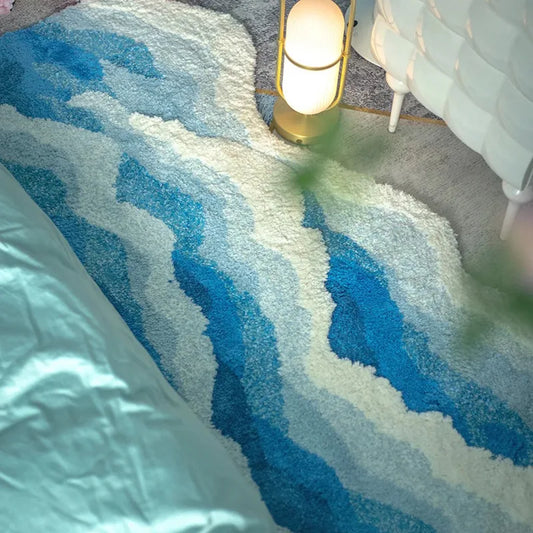 Aesthetic Wave Tufted Rug - Antislip Bathroom Carpet Ocean Sea Design for Living Room  Bedroom - ZOOMNSTORE