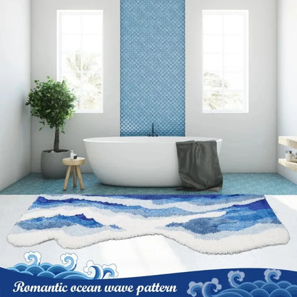 Aesthetic Wave Tufted Rug - Antislip Bathroom Carpet Ocean Sea Design for Living Room  Bedroom - ZOOMNSTORE