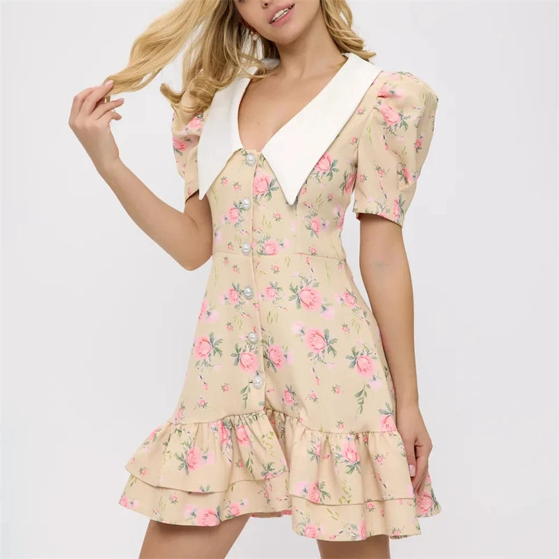 Puff Sleeve Mini Dress - Women's Summer Casual Vacation Dress With Pearl Buttons