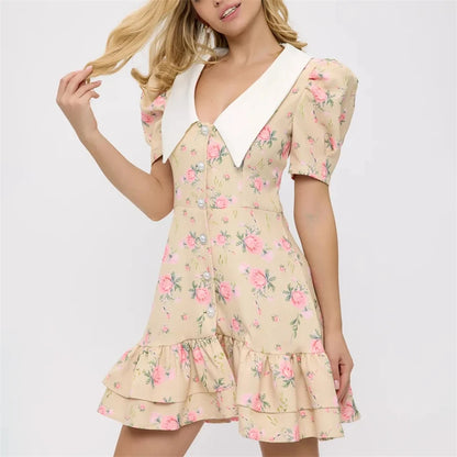 Puff Sleeve Mini Dress - Women's Summer Casual Vacation Dress With Pearl Buttons