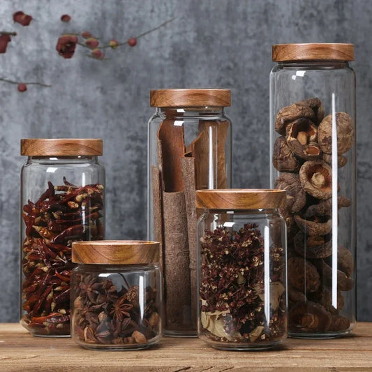 1pcs Wood Lid Orgnizer Glass Airtight Canister Kitchen Storage Bottles Jar Sealed Food Container Ginger Cereal Dispenser Set - ZOOMNSTORE