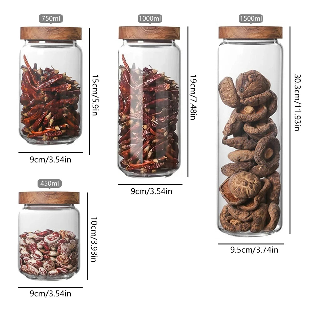 1pcs Wood Lid Orgnizer Glass Airtight Canister Kitchen Storage Bottles Jar Sealed Food Container Ginger Cereal Dispenser Set - ZOOMNSTORE