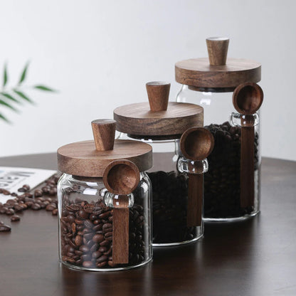 Glass Food Storage Containers with Wooden Lids and Scoop Glass Sealed Jar Airtight Food Storage Jar for Sugar Coffee Bean Candy - ZOOMNSTORE