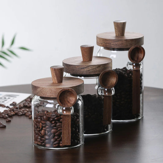 Glass Food Storage Containers with Wooden Lids and Scoop Glass Sealed Jar Airtight Food Storage Jar for Sugar Coffee Bean Candy - ZOOMNSTORE