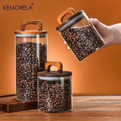 Airtight Glass Jar - Wood Lid Canister for Coffee Beans, Tea, and Snacks - ZOOMNSTORE