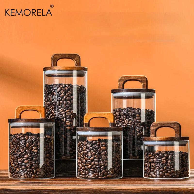 Airtight Glass Jar - Wood Lid Canister for Coffee Beans, Tea, and Snacks - ZOOMNSTORE