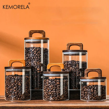Airtight Glass Jar - Wood Lid Canister for Coffee Beans, Tea, and Snacks - ZOOMNSTORE