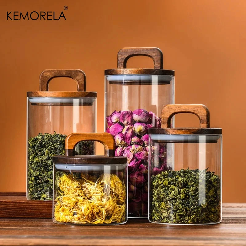 Airtight Glass Jar - Wood Lid Canister for Coffee Beans, Tea, and Snacks - ZOOMNSTORE