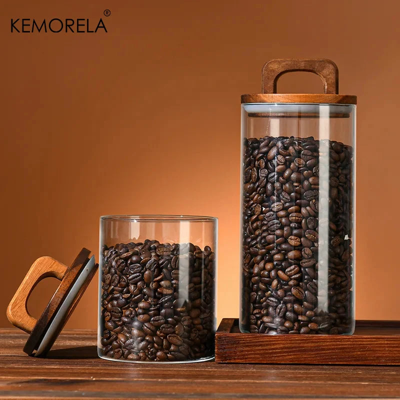 Airtight Glass Jar - Wood Lid Canister for Coffee Beans, Tea, and Snacks - ZOOMNSTORE