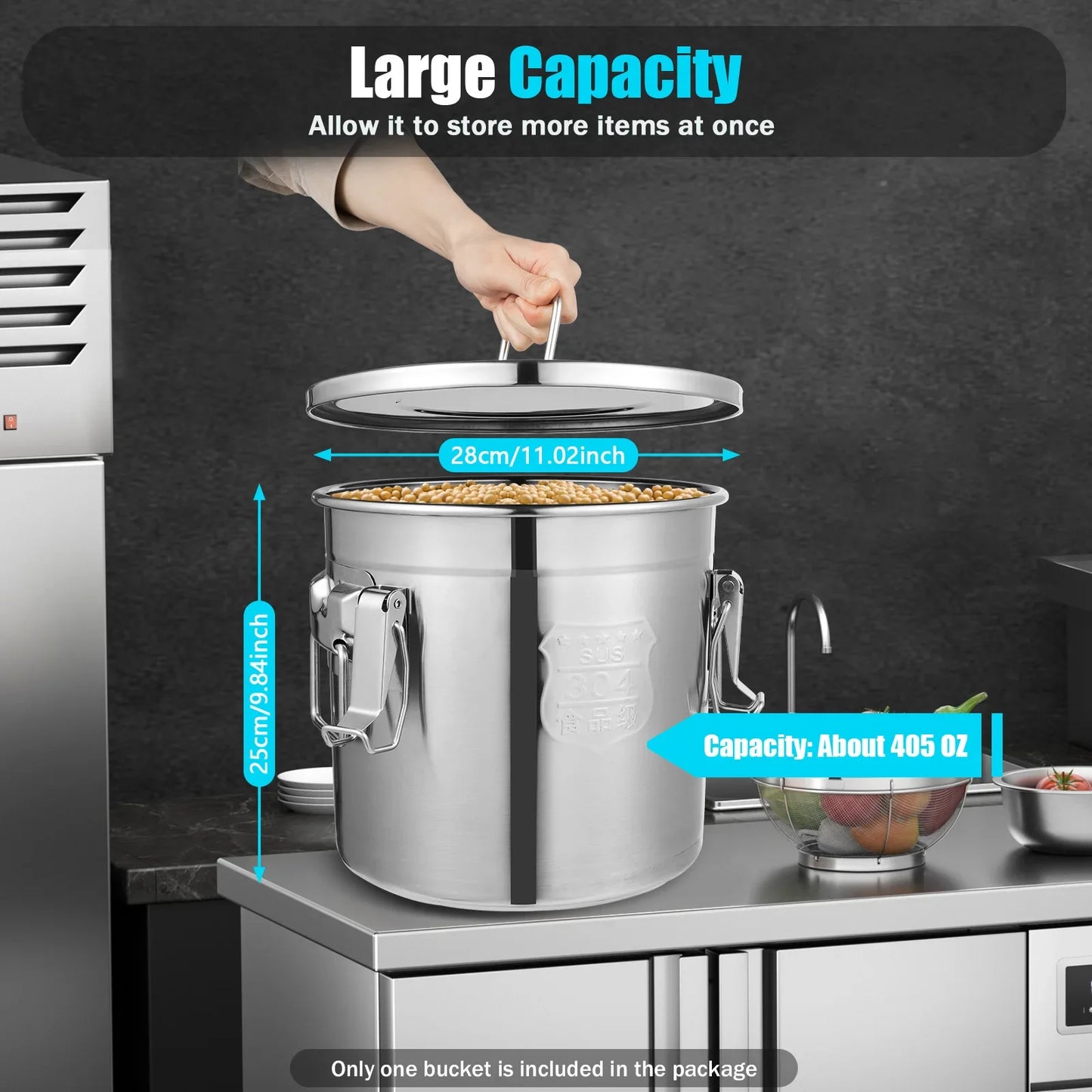 12/33L Airtight Canister 304 Stainless Steel, 3.2Gal Canisters Container w/Lids and Sturdy Locking Clamp,for Rice, Flour, Grain - ZOOMNSTORE