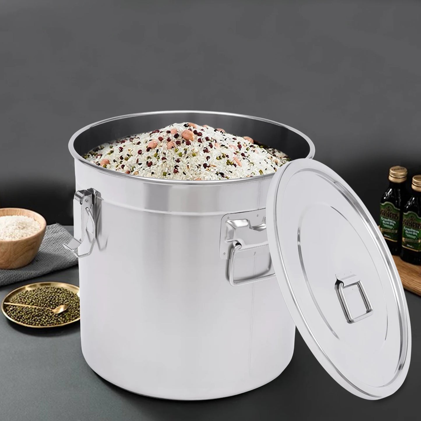 12/33L Airtight Canister 304 Stainless Steel, 3.2Gal Canisters Container w/Lids and Sturdy Locking Clamp,for Rice, Flour, Grain - ZOOMNSTORE