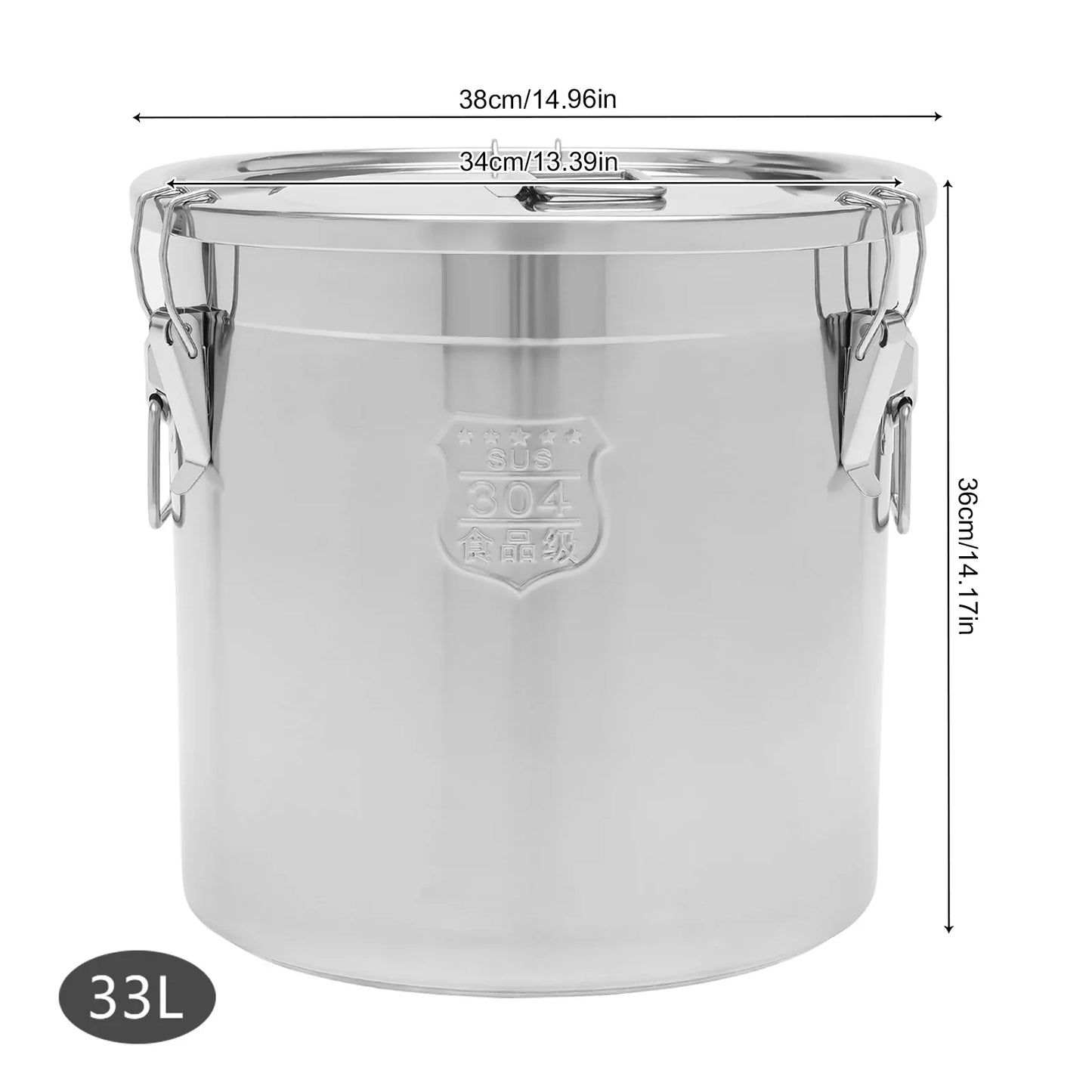 12/33L Airtight Canister 304 Stainless Steel, 3.2Gal Canisters Container w/Lids and Sturdy Locking Clamp,for Rice, Flour, Grain - ZOOMNSTORE