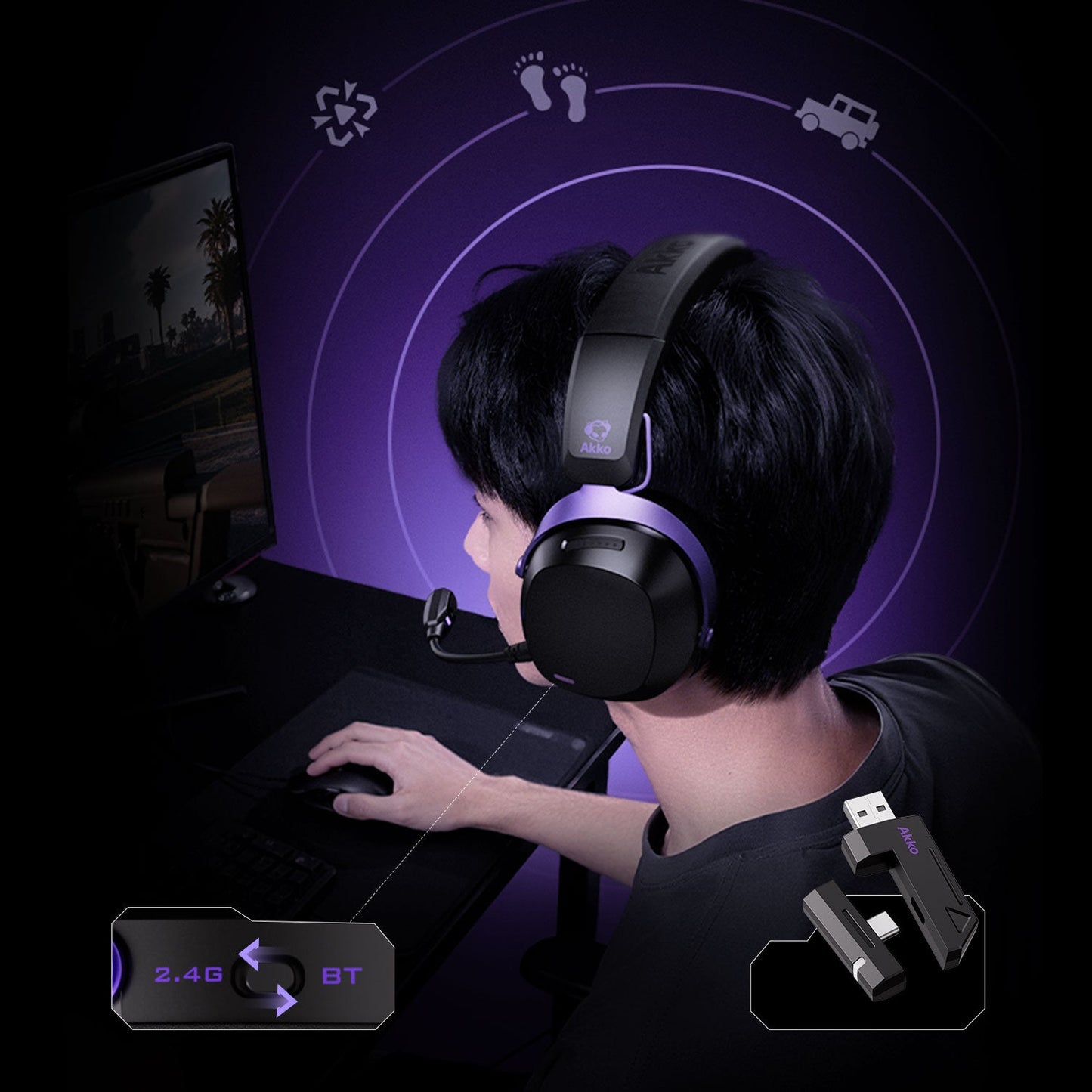 Akko GH300 Gaming Wireless Headphone with Mic Over-Ear Headset 7.1 Virtual Surround Sound Quad-Mode Head-mounted for Music Game