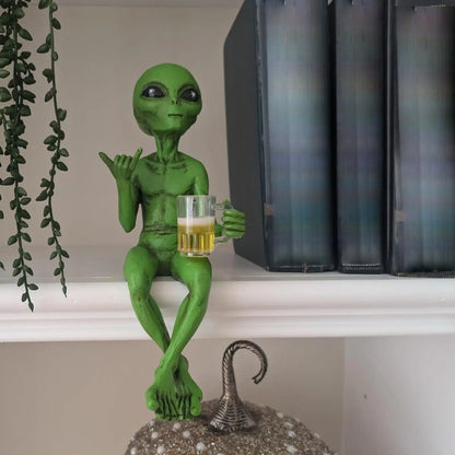 Alien Statue Resin - Funny Beer Drinking Alien Sculpture | Hand Painted Desktop Decor - ZOOMNSTORE