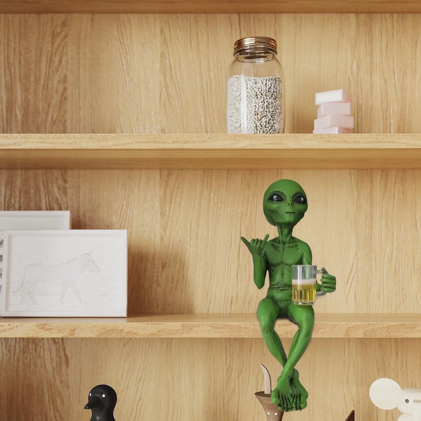 Alien Statue Resin - Funny Beer Drinking Alien Sculpture | Hand Painted Desktop Decor - ZOOMNSTORE