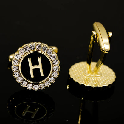 Alphabet Cufflinks A-Z - Crystal Rhinestone Round Initials for Mens Tuxedo Shirts - ZOOMNSTORE