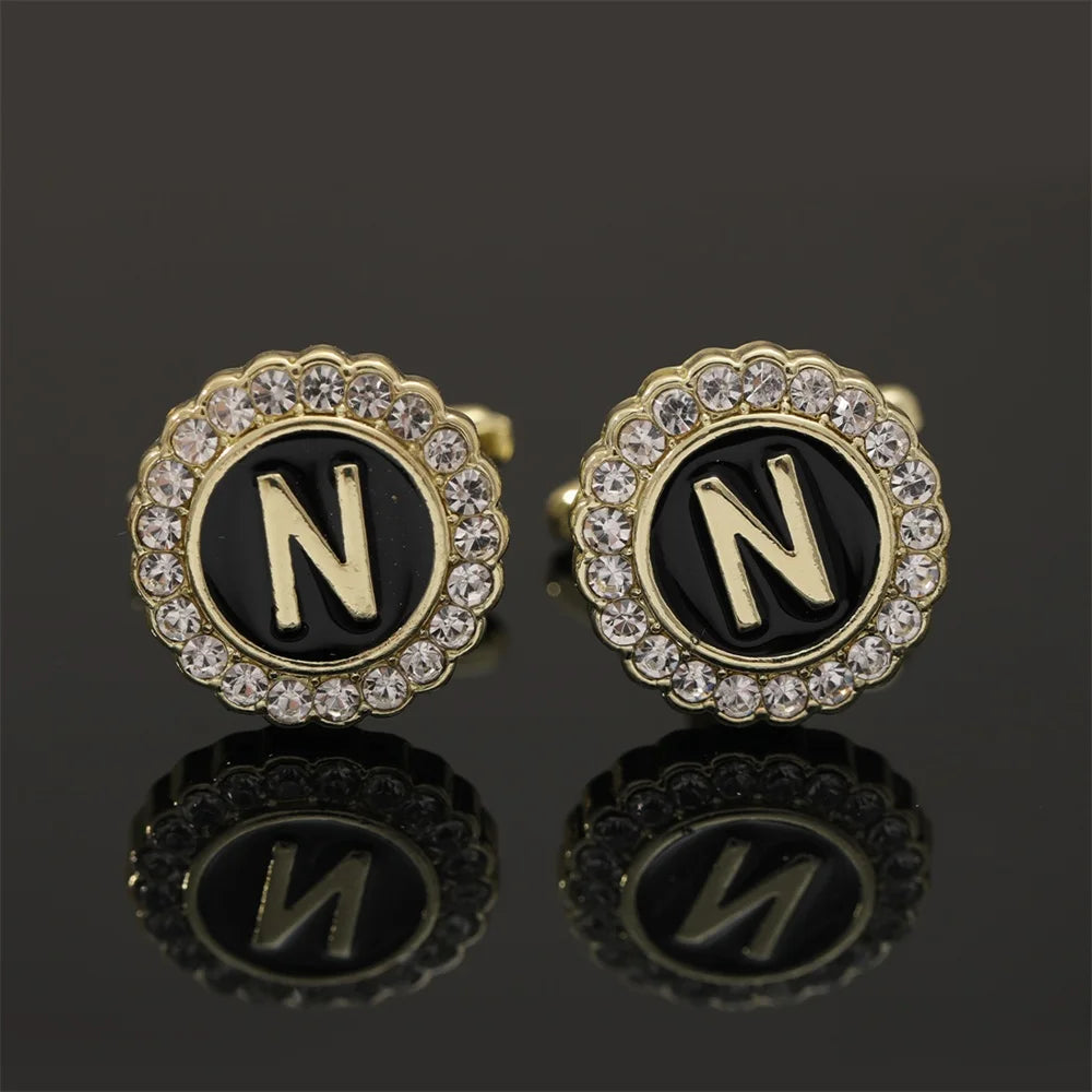 Alphabet Cufflinks A-Z - Crystal Rhinestone Round Initials for Mens Tuxedo Shirts - ZOOMNSTORE