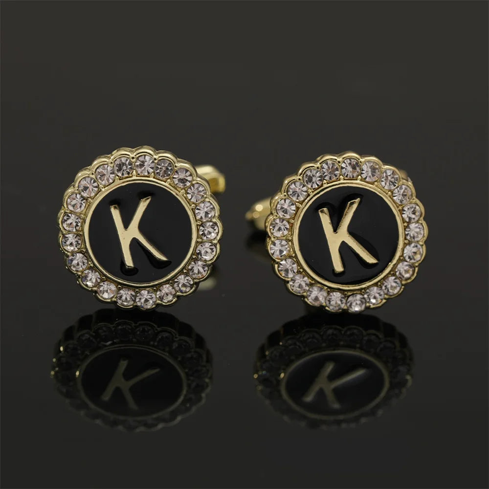 Alphabet Cufflinks A-Z - Crystal Rhinestone Round Initials for Mens Tuxedo Shirts - ZOOMNSTORE