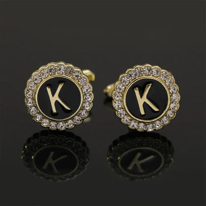 Alphabet Cufflinks A-Z - Crystal Rhinestone Round Initials for Mens Tuxedo Shirts - ZOOMNSTORE