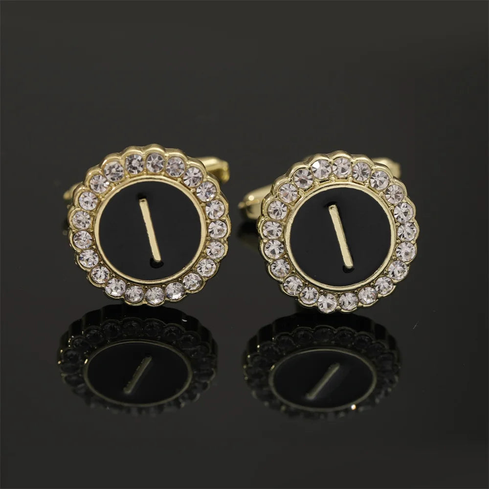 Alphabet Cufflinks A-Z - Crystal Rhinestone Round Initials for Mens Tuxedo Shirts - ZOOMNSTORE