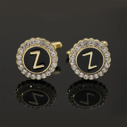 Alphabet Cufflinks A-Z - Crystal Rhinestone Round Initials for Mens Tuxedo Shirts - ZOOMNSTORE
