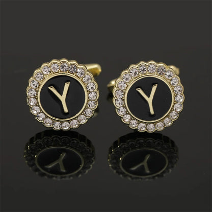 Alphabet Cufflinks A-Z - Crystal Rhinestone Round Initials for Mens Tuxedo Shirts - ZOOMNSTORE
