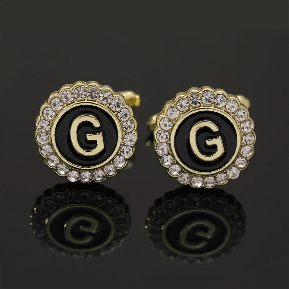 Alphabet Cufflinks A-Z - Crystal Rhinestone Round Initials for Mens Tuxedo Shirts - ZOOMNSTORE