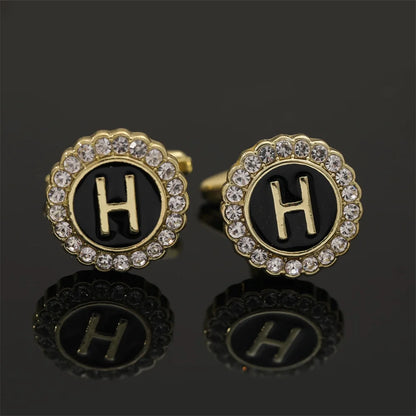 Alphabet Cufflinks A-Z - Crystal Rhinestone Round Initials for Mens Tuxedo Shirts - ZOOMNSTORE