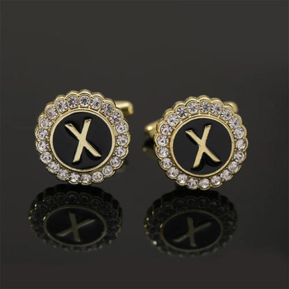 Alphabet Cufflinks A-Z - Crystal Rhinestone Round Initials for Mens Tuxedo Shirts - ZOOMNSTORE