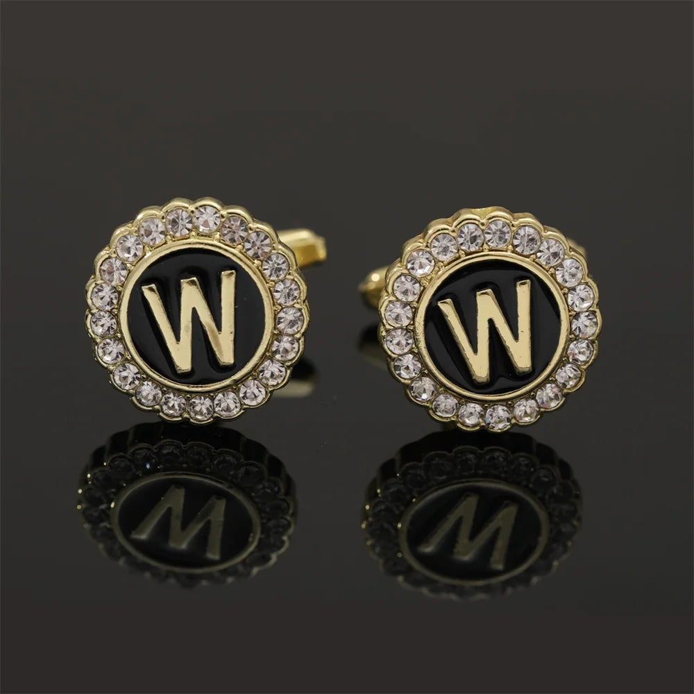 Alphabet Cufflinks A-Z - Crystal Rhinestone Round Initials for Mens Tuxedo Shirts - ZOOMNSTORE